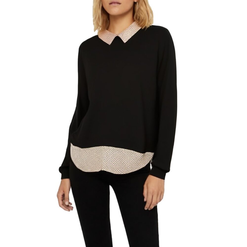 Adrianna Papell Women’s V-neck Pullover Black Polka Dots Blouse 2-in-1 Sweater